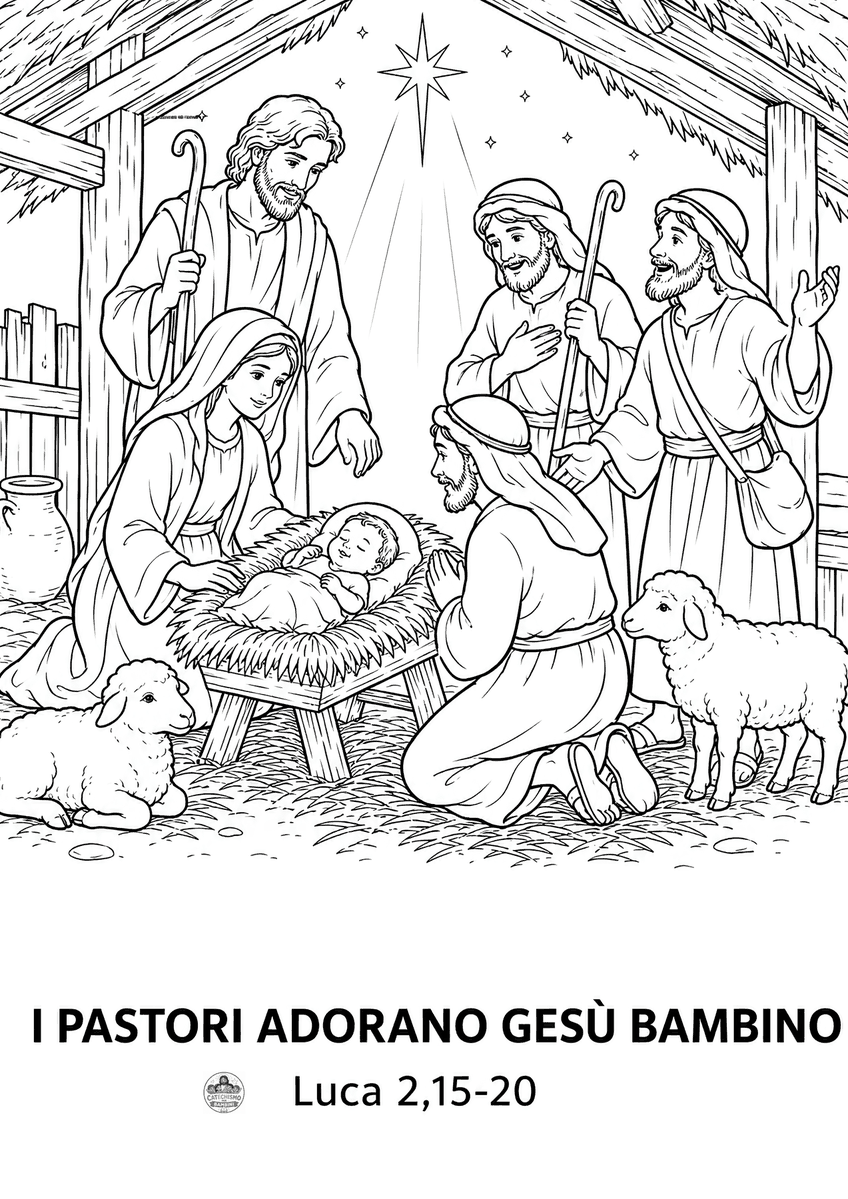 Disegno da colorare: I pastori adorano Gesù bambino