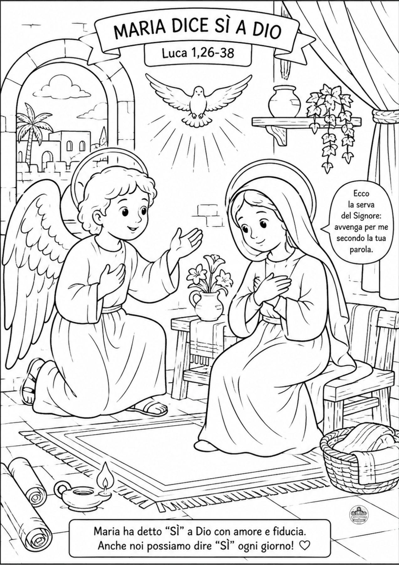 Disegno da colorare: Maria dice sì a Dio