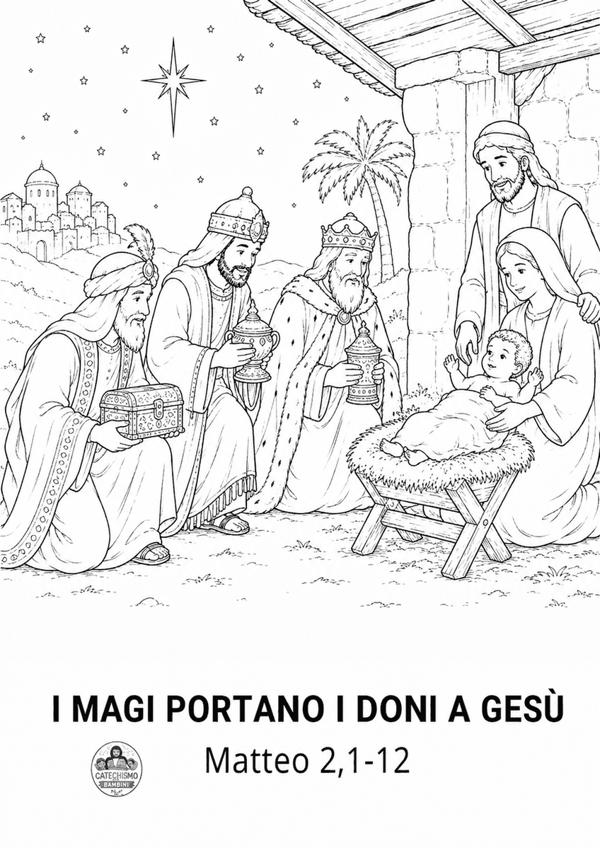 Disegno da colorare: I Magi portano i doni a Gesù
