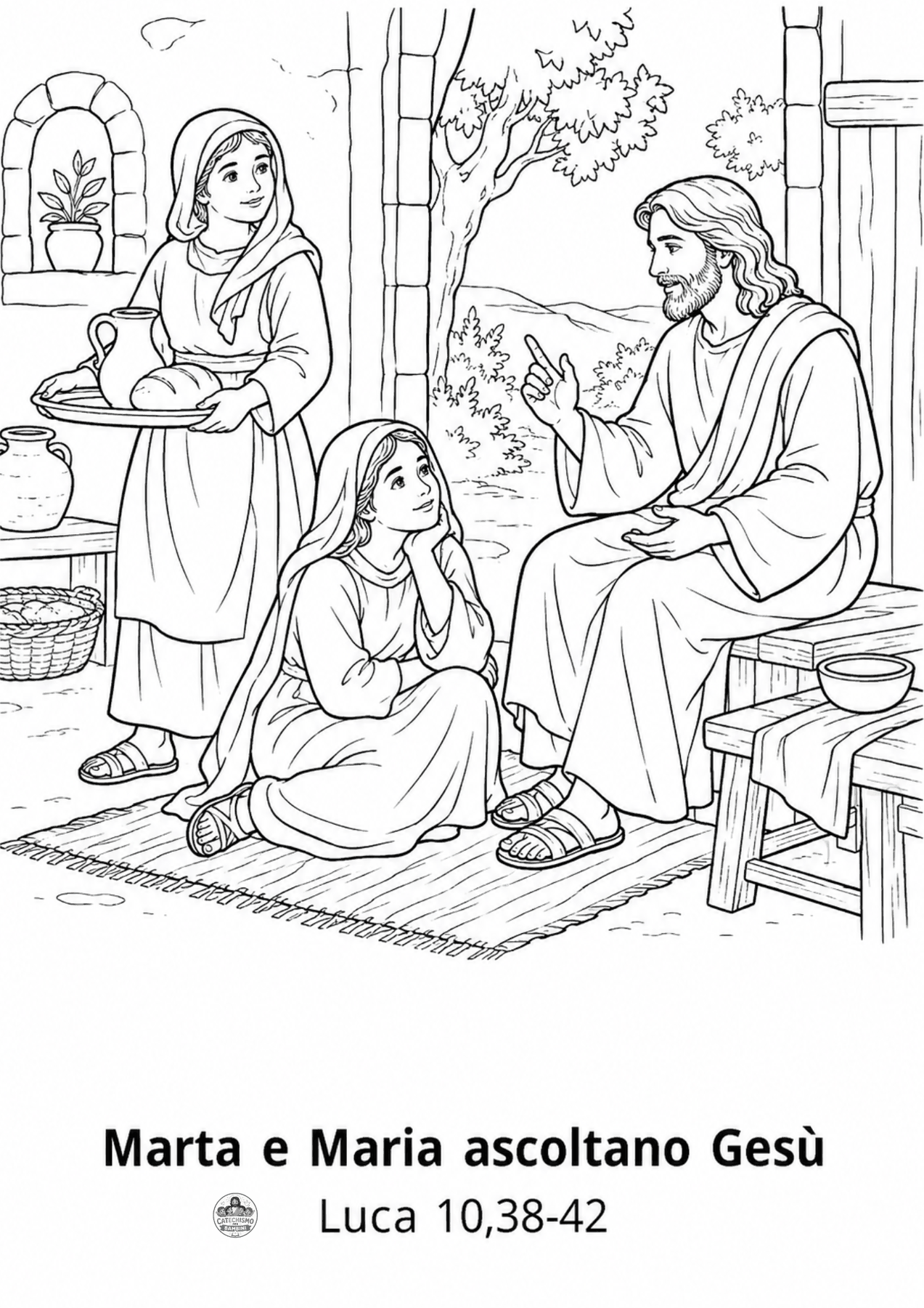 Disegno da colorare: Marta e Maria ascoltano Gesù